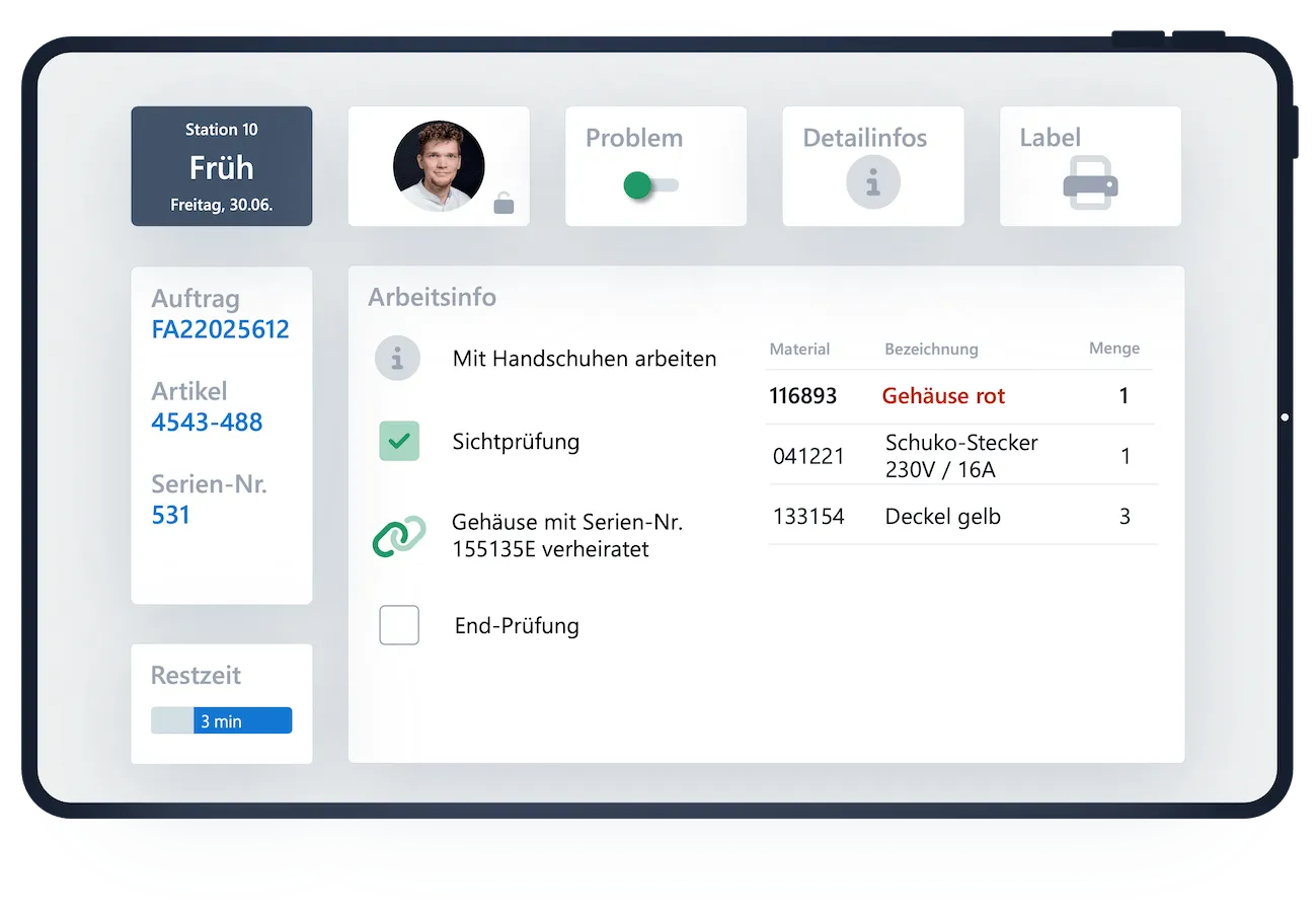 Screenshot der ScableOne Shopfloor-Software, der alle relevanten Arbeitsinformationen für den Montage-Mitarbeiter anzeigt.