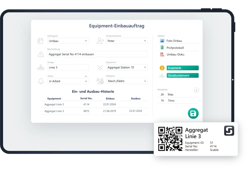 Scrennshot der Equipmentverwaltung in der ScableOne Instandhaltungs-Software