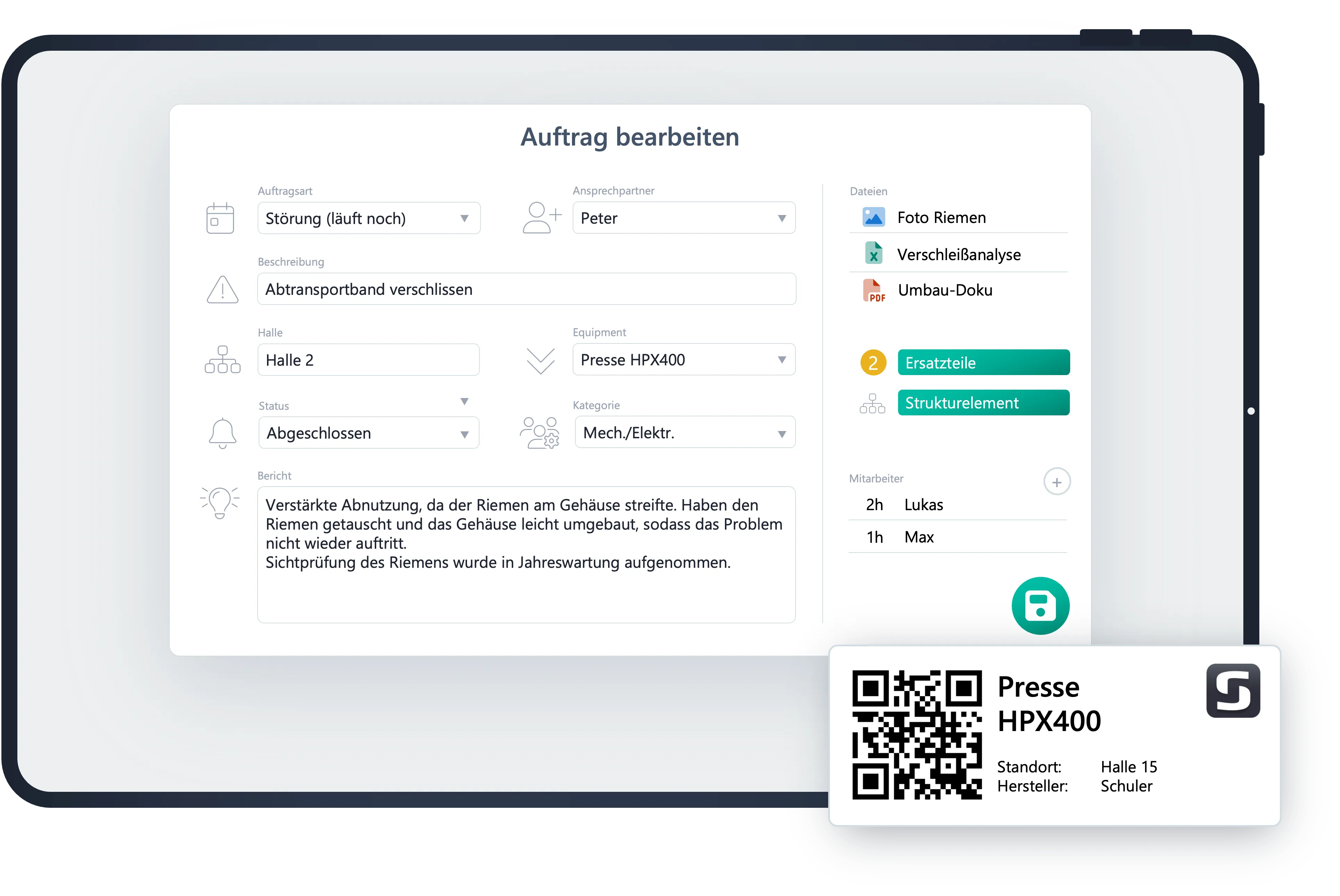 Fenster eines Instandhaltungsauftrags der ScableOne Instandhaltungssoftware mit QR-Code und übersichtlicher Darstellung.