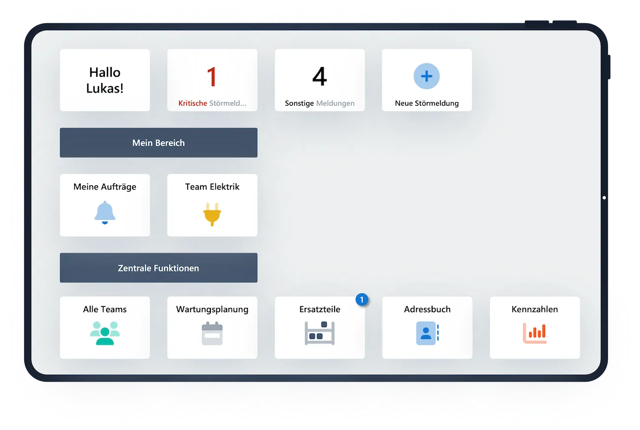 Dashboard der ScableOne Instandhaltungssoftware, welches die Einstiegsseite eines Mitarbeiters der Instandhaltung zeigt