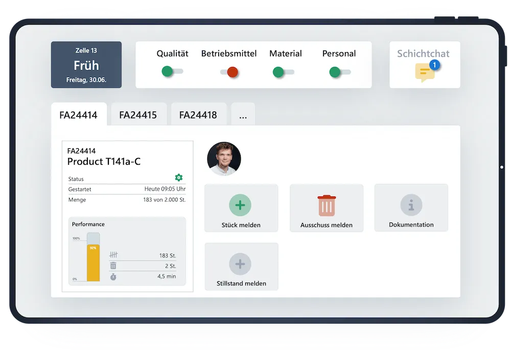 Screenshot der ScableOne Shopfloor-Software für Manufacturing Execution, welche das Dashboard für den Maschinenbediener anzeigt.
