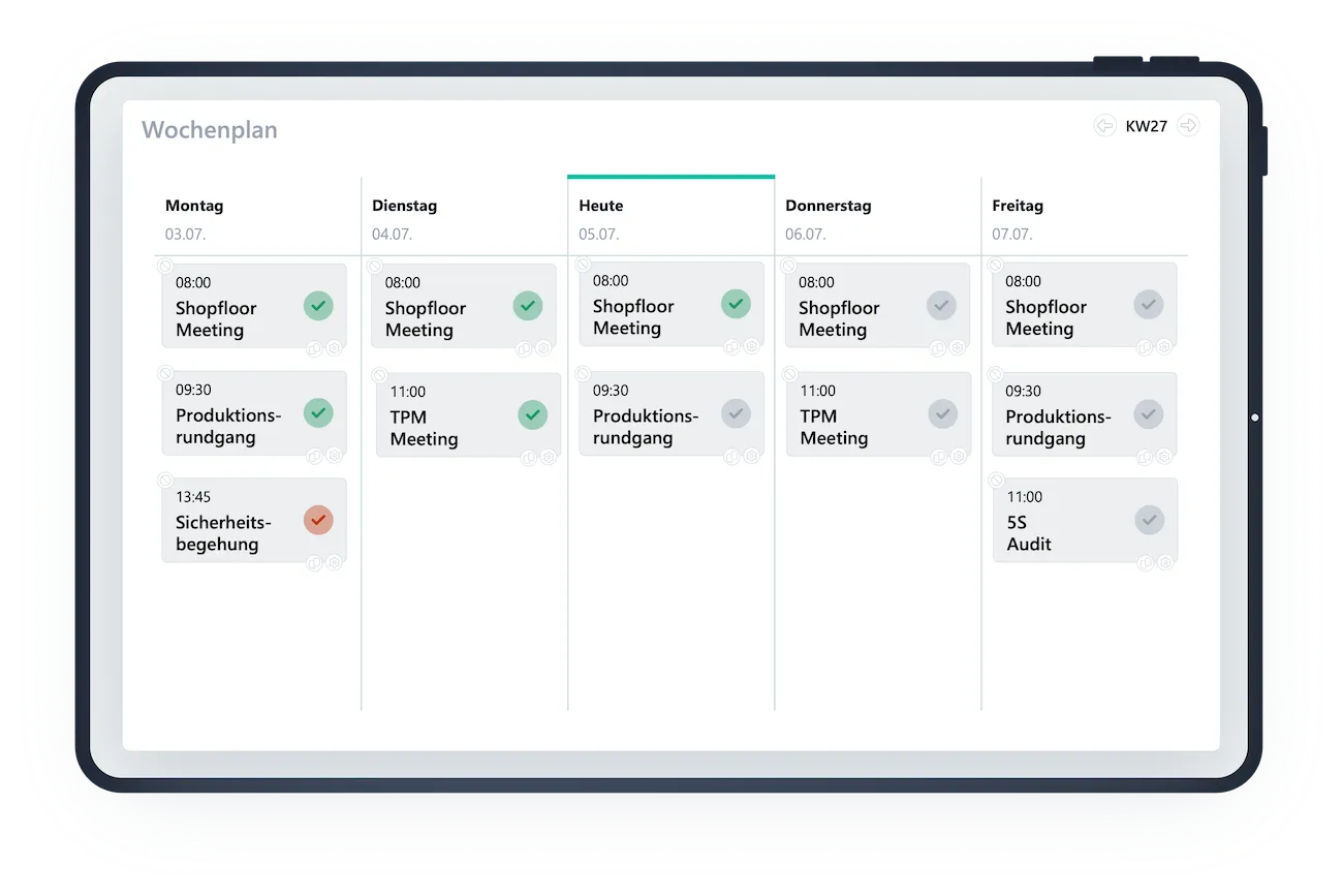 Screenshot der ScableOne Software für digitales Shopfloor Management, in der durch digitale T-Cards die standardisierten Tagesaufgaben (daily standard work) strukturiert abgearbeitet werden können.