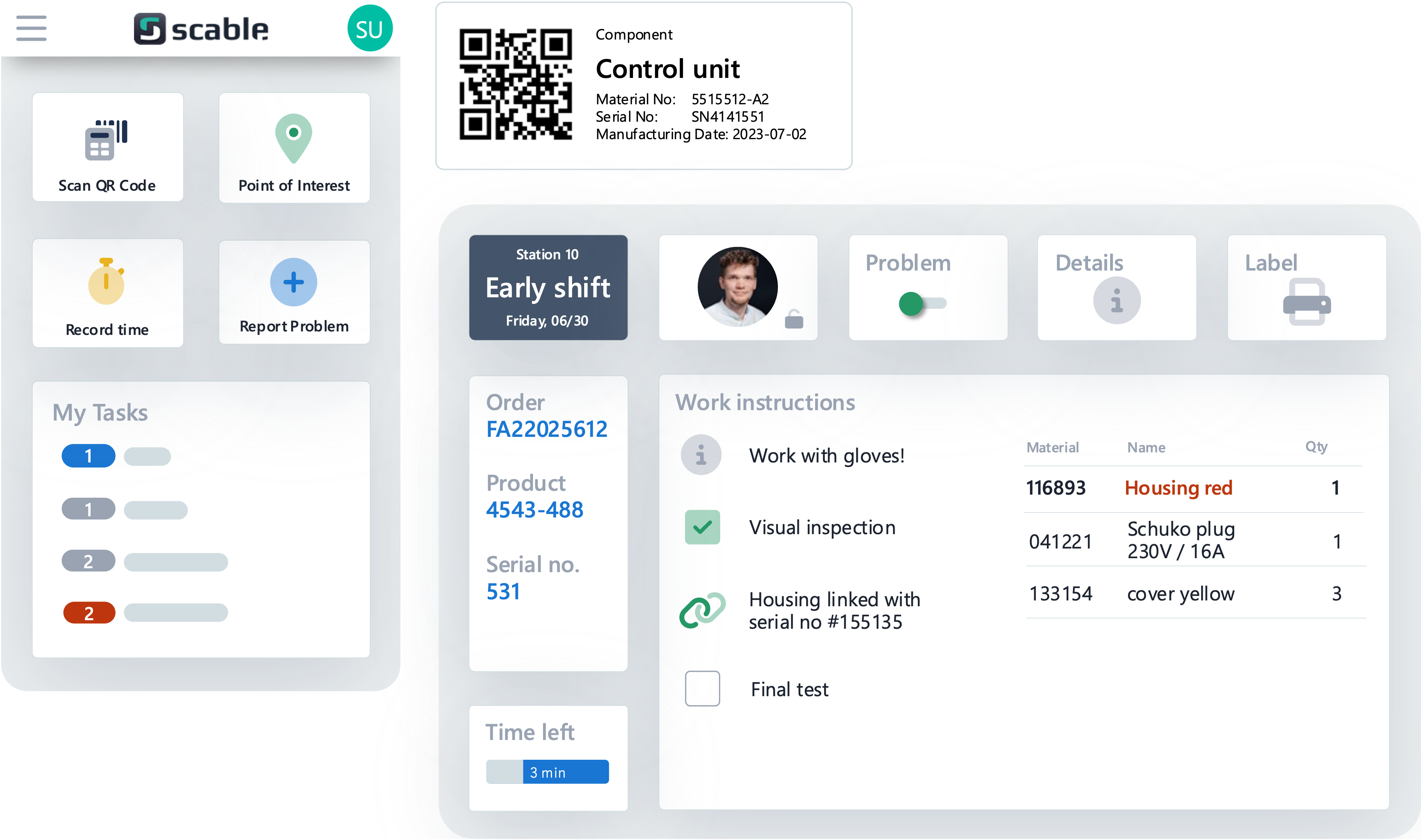 Scable Software für Shopfloor und Instandhaltung, welche eine Smartphoneansicht und eine Ansicht für die Werkerführung in der Produktion zeigt.